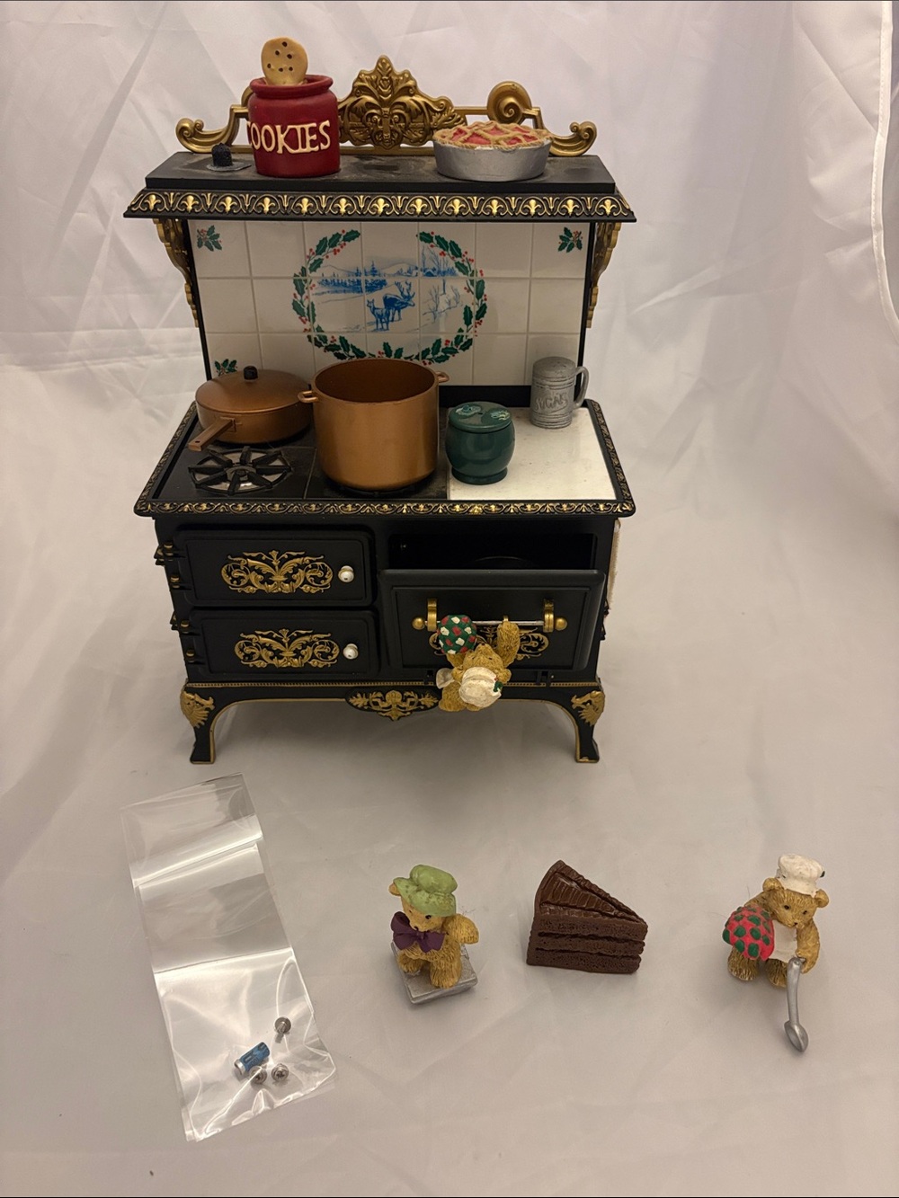 Black and Gold Miniature Decorative Stove with Copper Cookware Non Working